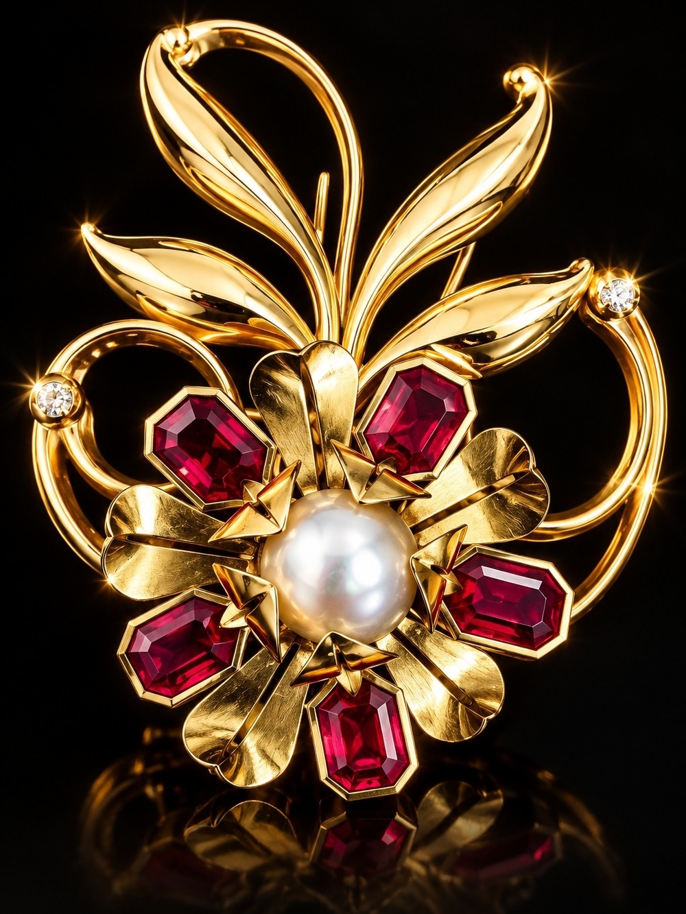 Vintage 40s 50s Ruby Red Rhinestone Faux Pearl Floral Fur Dress Clip